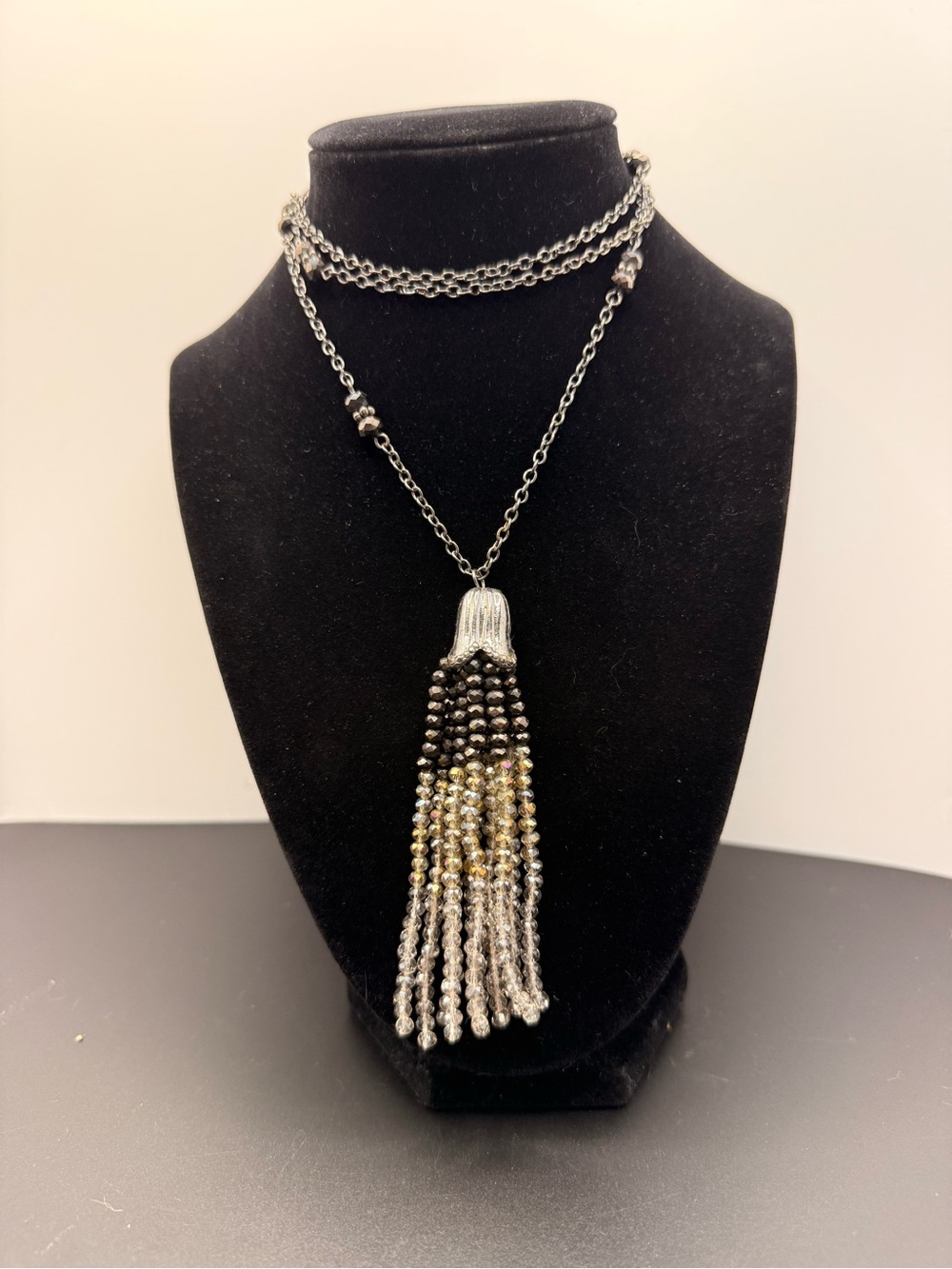 Long Beaded Tassel Necklace Black Silver Bugle Bead Flapper Boho